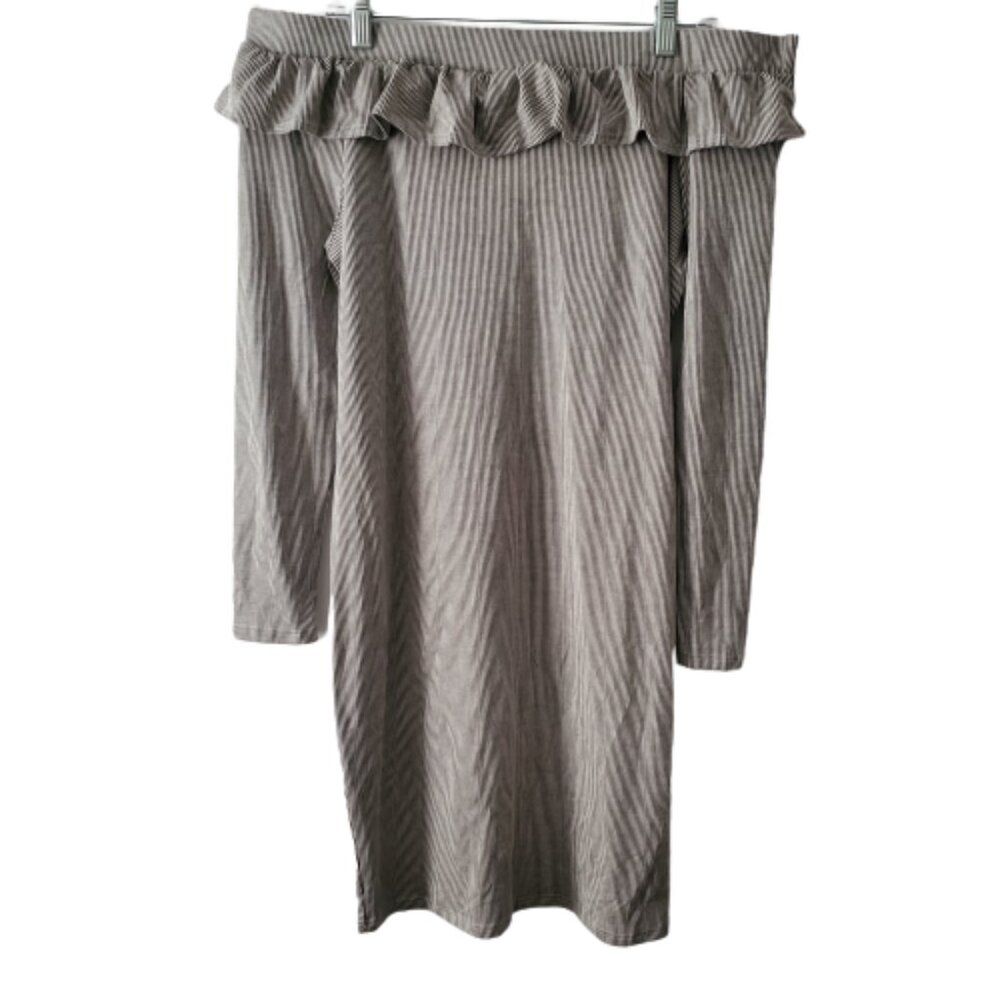 Pink Blush Pinstriped Off Shoulder Ruffle Accent Maternity Dress Charcoal XL NWT - Picture 5 of 15